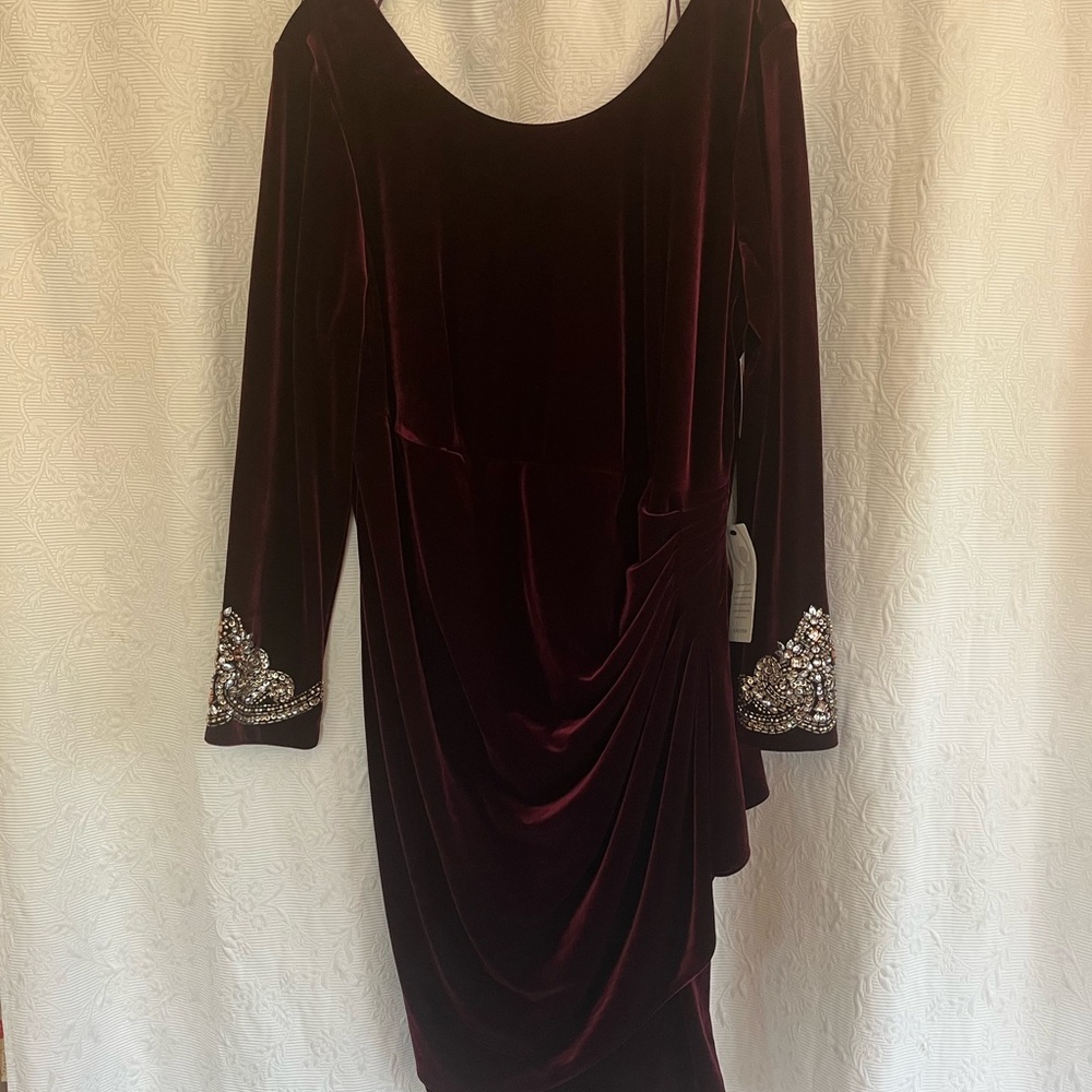 Alex Evenings Deep Wine Velvet Midi Dress with Embellished Cuffs